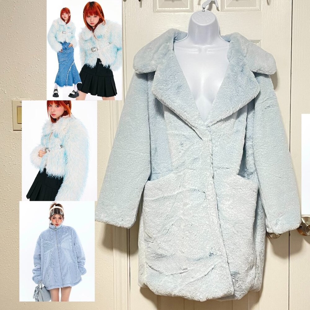 blue faux fur coat